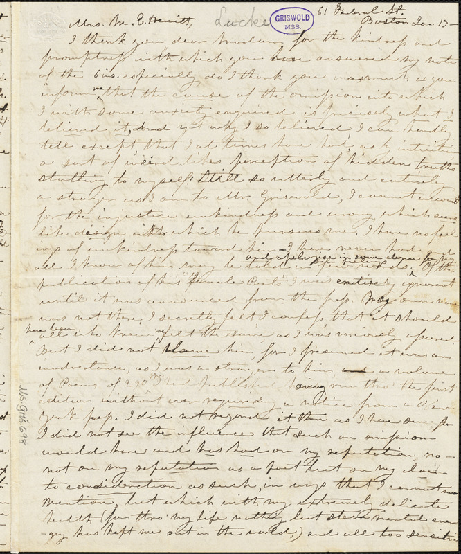 Jane Ermina (Stockweather) Locke, 62 Federal St. Boston, autograph letter signed to Mary Elizabeth (Moore) Hewitt Stebbins, 13 January [1851]