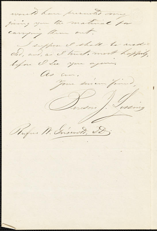 Benson John Lossing, New York, autograph letter signed to R. W. Griswold, 15 November 1856