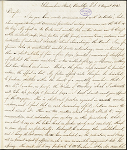 John Henry Mancur, Schermerhorn St., Brooklyn, LI., autograph letter signed to R. W. Griswold, 8 August 1842