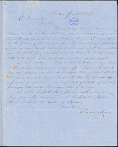 Daniel Mann, Boston, autograph letter signed to R. W. Griswold, 26 January 1856