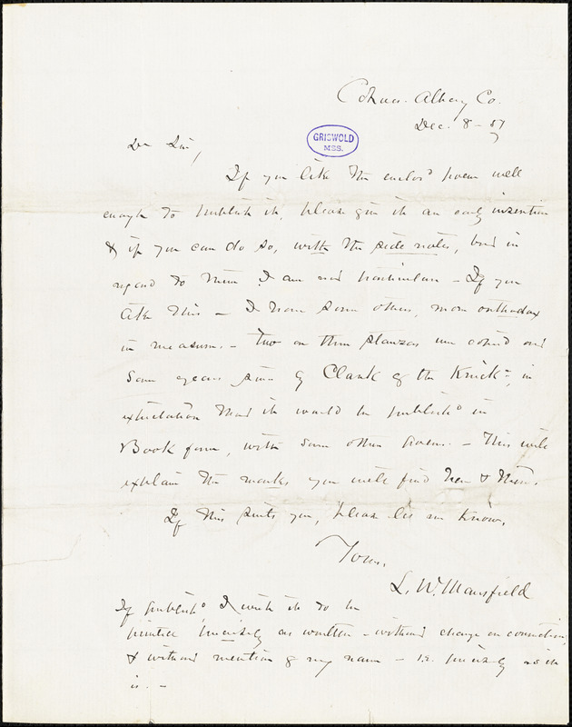 Lewis William Mansfield, Cohoes, Albany Co., autograph letter signed, 8 December 1851