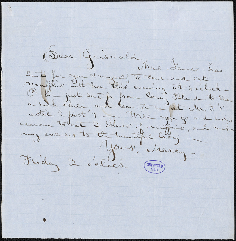 Dr. Erastus Edgerton Marcy, Friday, 2 o'clock, autograph letter signed to R. W. Griswold