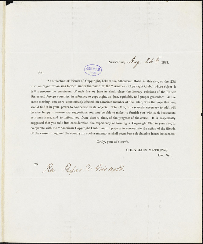 Cornelius Mathews document to R. W. Griswold, 26 August 1843, New York,