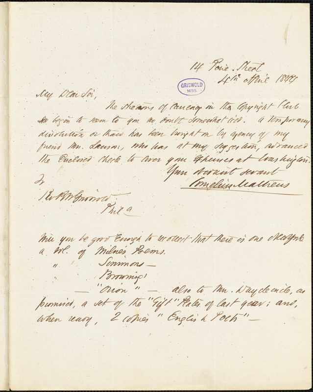 Cornelius Mathews, 14 Pine Street., autograph letter signed to R. W. Griswold, 4 April 1844