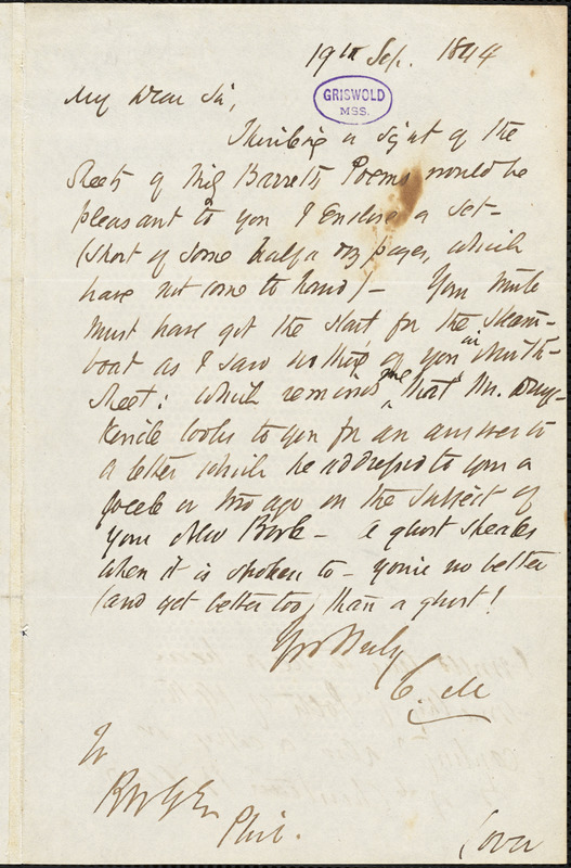 Cornelius Mathews autograph letter signed to R. W. Griswold, 19 September 1844