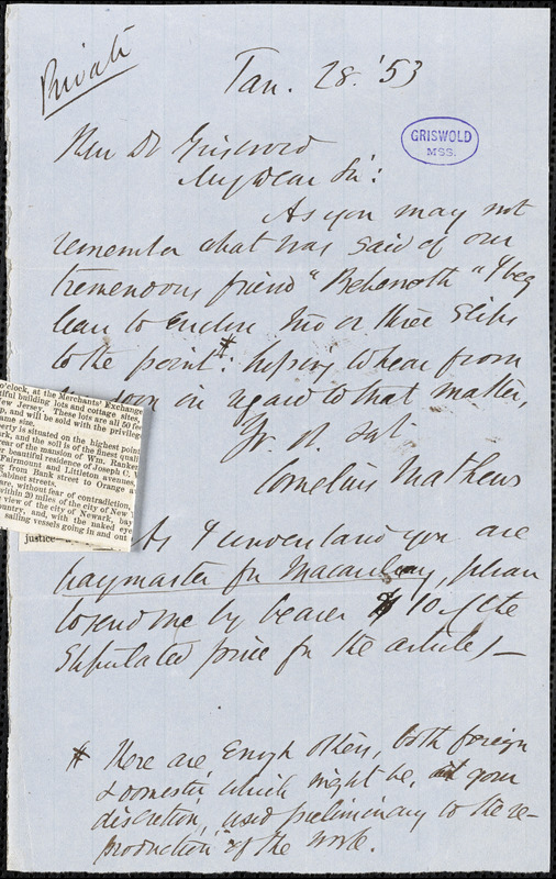 Cornelius Mathews autograph letter signed to R. W. Griswold, 28 January 1853