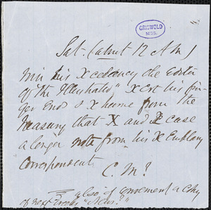 Cornelius Mathews, Saturday., autograph letter signed to [R. W. Griswold]