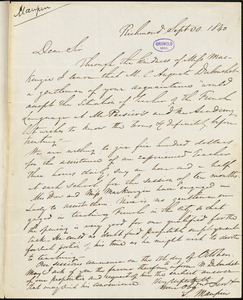 S. Maupin, Richmond., autograph letter signed to Edgar Allan Poe, 30 September 1840
