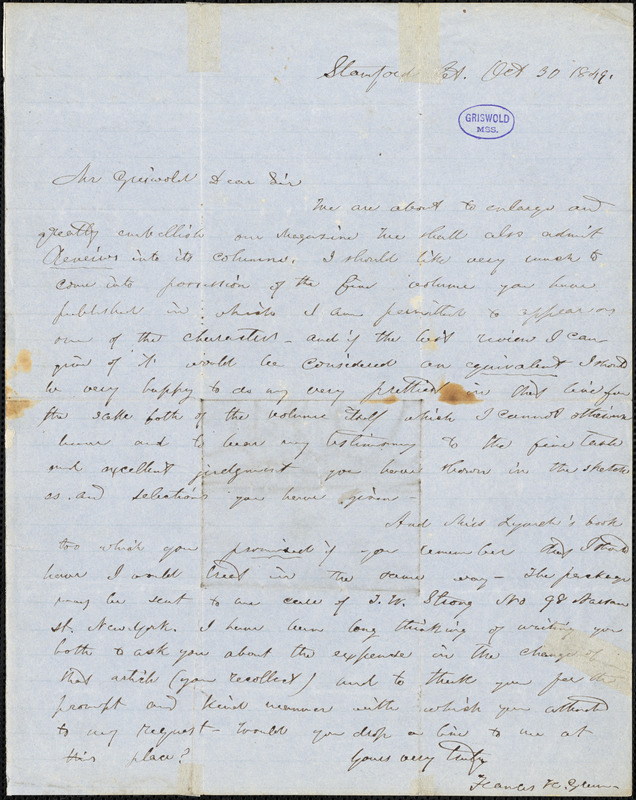 Frances Harriet (Whipple) Green McDougall, Stamford, CT., autograph letter signed to R. W. Griswold, 30 October 1849