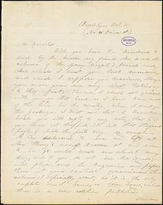 Frances Harriet McDougall, Brooklyn, NY., 85 Prince St., autograph letter signed to R. W. Griswold, 15 October