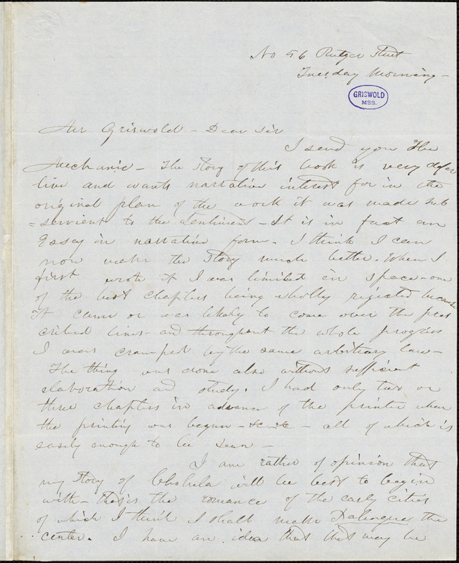 Frances Harriet McDougall, No. 56 Rutger Street., autograph letter signed to R. W. Griswold