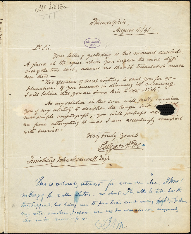 Edgar Allan Poe, Philadelphia, PA., autograph letter signed to Thimotheus Whackemwell [John N. McJilton], 11 August 1841