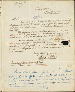 Edgar Allan Poe, Philadelphia, PA., autograph letter signed to Thimotheus Whackemwell [John N. McJilton], 11 August 1841
