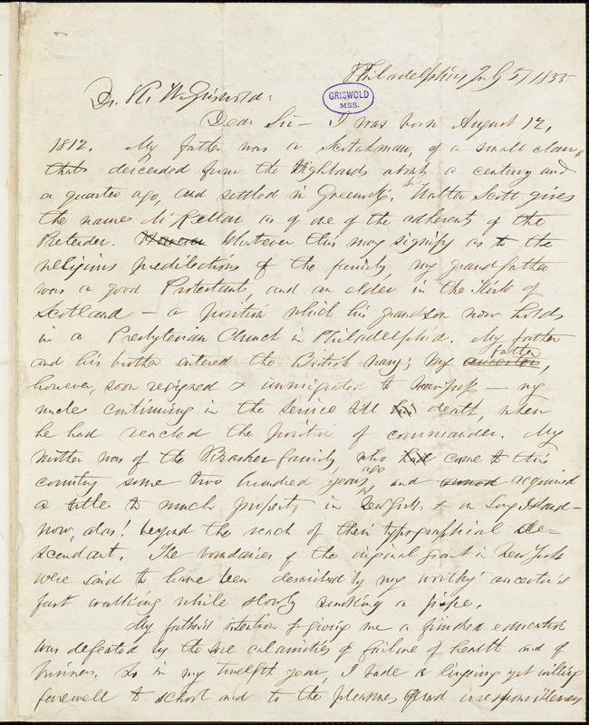 Thomas MacKellar, Philadelphia, autograph letter signed to R. W. Griswold, 5 July 1855