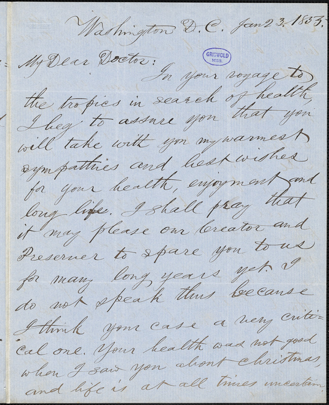 Pliny Miles, Washington, DC., autograph letter signed to R. W. Griswold, 23 January 1855