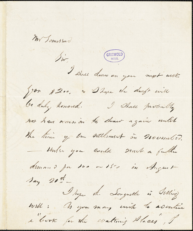 Donald Grant Mitchell, Norwich, Conn., autograph letter signed to [William?] Townsend, 27 June 1851