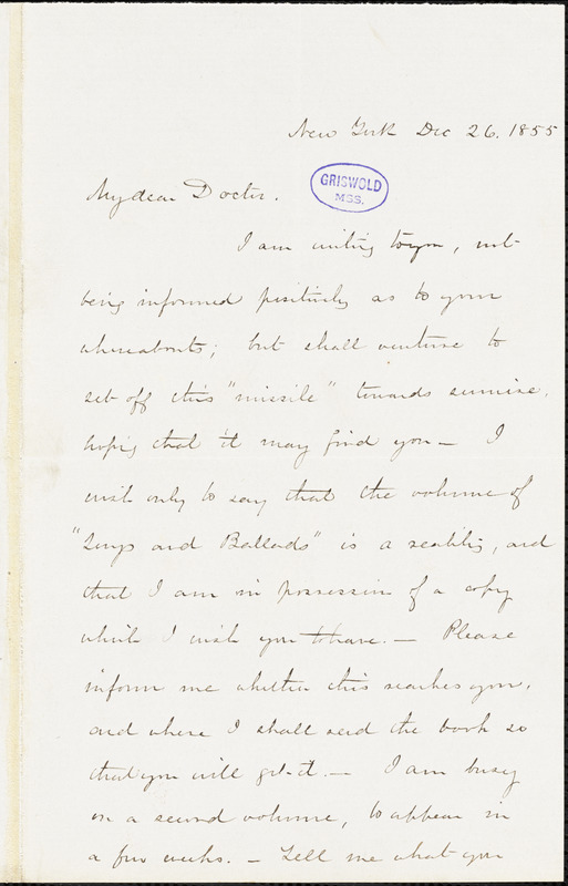 Frank Moore, New York, autograph letter signed to [R. W. Griswold], 26 December 1855
