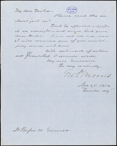 George Pope Morris autograph letter signed to R. W. Griswold, 25 November 1854