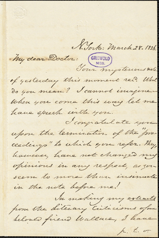 George Pope Morris, New York, autograph letter signed to R. W. Griswold, 28 March 1856
