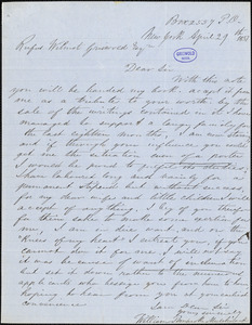 William Pembroke Mulchinock, Box 2557 P. O. New York, autograph letter signed to R. W. Griswold, 29 April 1851