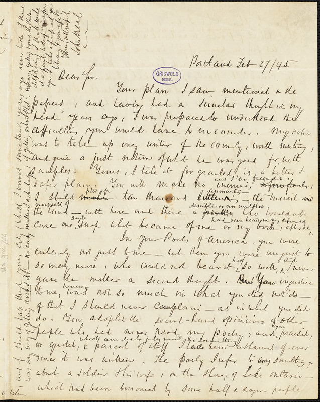 John Neal, Portland, autograph letter signed to R. W. Griswold, 27 February 1845