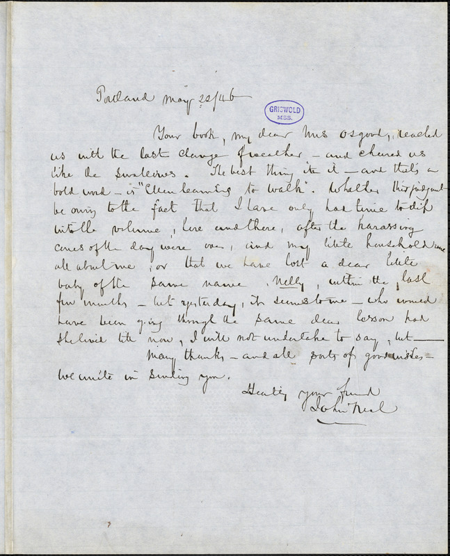 John Neal, Portland, autograph letter signed to Frances Sargent (Locke) Osgood, 22 May 1846