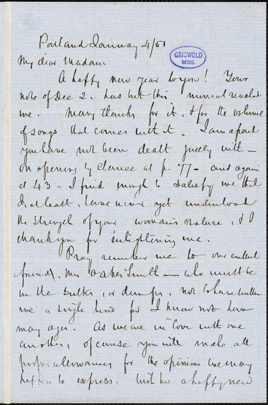 John Neal, Portland, autograph letter signed to [Mary Elizabeth (Moore) Hewitt Stebbins], 4 January 1851