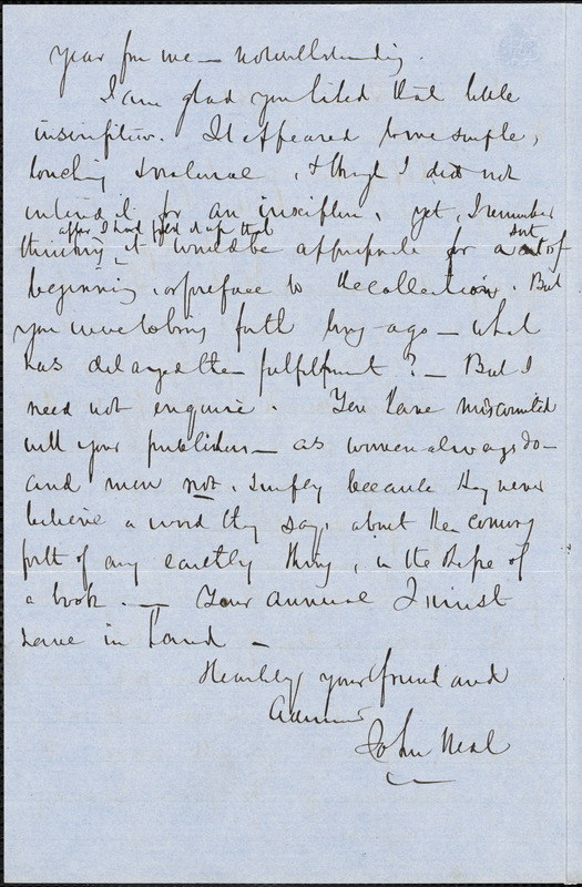 John Neal, Portland, autograph letter signed to [Mary Elizabeth (Moore) Hewitt Stebbins], 4 January 1851