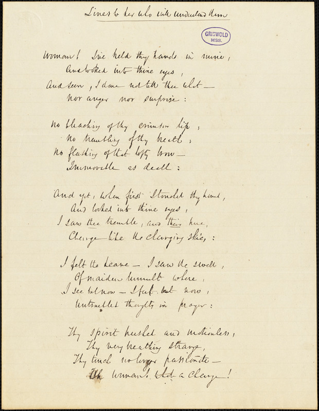 John Neal manuscript poem, 1842: "Lines to her who will understand them."