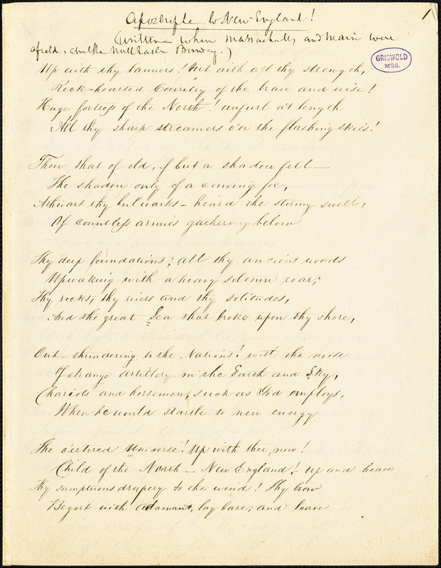 John Neal manuscript poem, [1842]: "Apostrophe to New England."