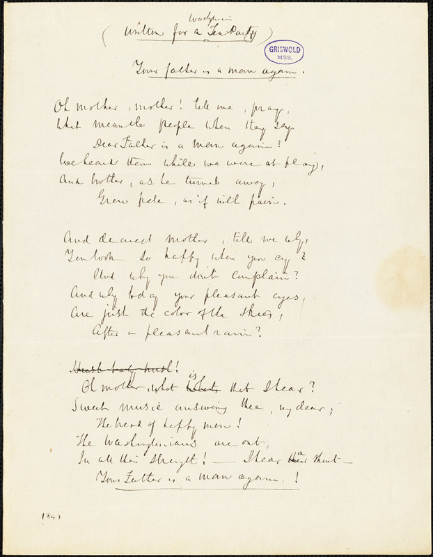 John Neal manuscript poem, 1843: "Your father is a man again."