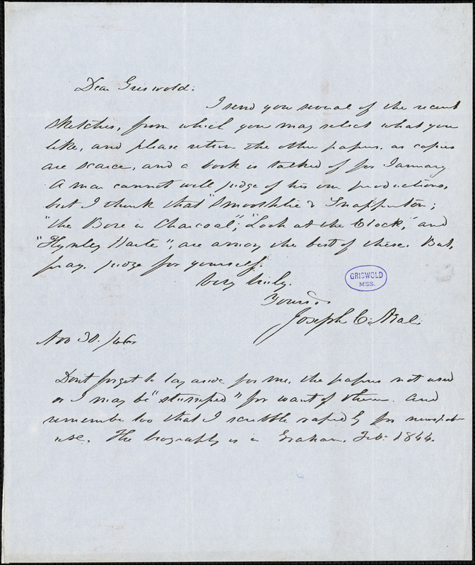 Joseph Clay Neal autograph letter signed to R. W. Griswold, 30 November 1846