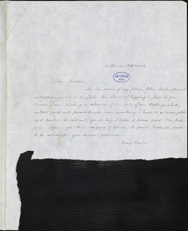 Mary Neal, Portland, ME., autograph letter signed to [Frances Sargent (Locke) Osgood], 23 February 1846
