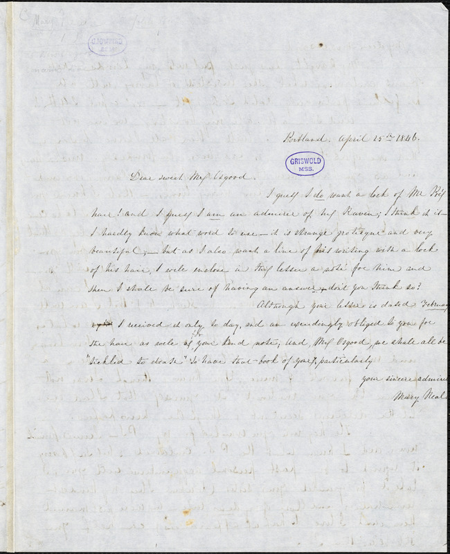 Mary Neal, Portland, ME., autograph letter signed to Frances Sargent (Locke) Osgood, 25 April 1846