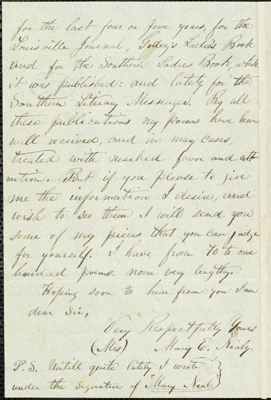 Mary Elizabeth (Hare) Nealy, Corydon, IN., autograph letter signed to R. W. Griswold, 5 April