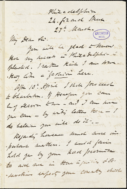 John Pringle Nichol, Philadelphia, PA., autograph letter signed to R. W. Griswold, 27 March [1849?]