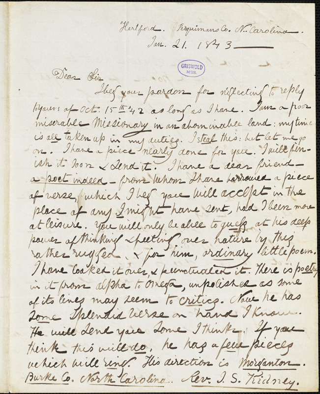 Louis Legrand Noble, Hertford, NC., autograph letter signed to R. W. Griswold, 21 January 1843