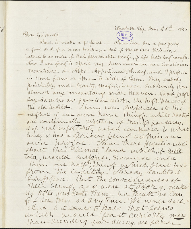 Louis Legrand Noble, Elizabeth City, N.C., autograph letter signed to R. W. Griswold, 28 June 1843
