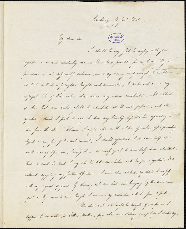Andrews Norton, Cambridge, autograph letter signed to R. W. Griswold, 7 January 1845