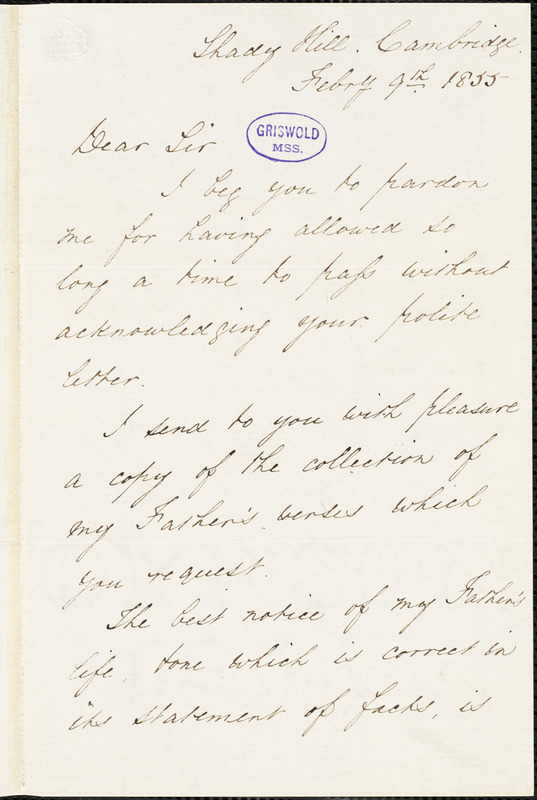 Charles Elliot Norton, Shady Hill, Cambridge, autograph letter signed to R. W. Griswold, 9 February 1855