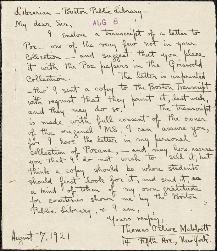 Laughton Osborn manuscript copy of letter to Edgar Allan Poe, 12 November 1845