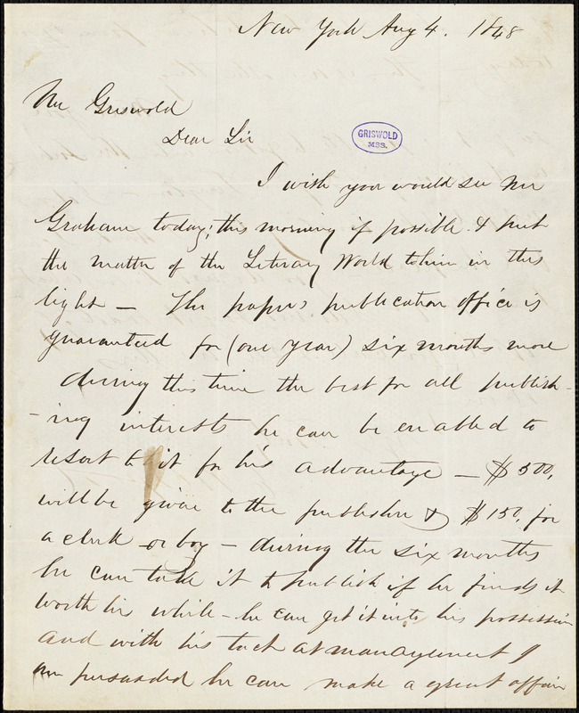 E. W. Osgood, New York, autograph letter signed to R. W. Griswold, 4 August 1848