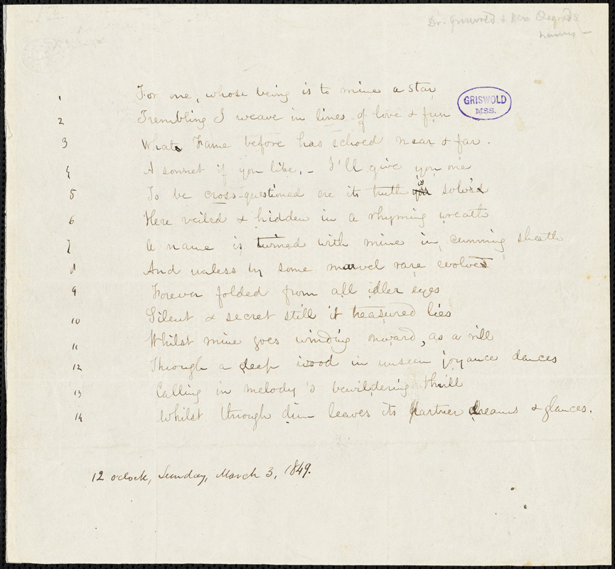 Frances Sargent (Locke) Osgood manuscript poem, 3 March 1849: Sonnet: "For one, whose being is to mine a star."