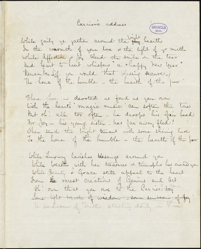 Frances Sargent (Locke) Osgood manuscript poem: "Carrier's Address"