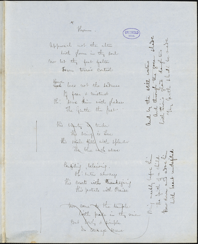Frances Sargent (Locke) Osgood manuscript poem: "Hymn Bird Chorus."