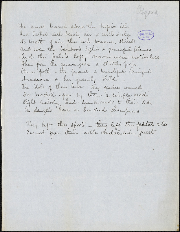 Frances Sargent (Locke) Osgood manuscript poem fragment: "The sunset burned above the tropic isle.