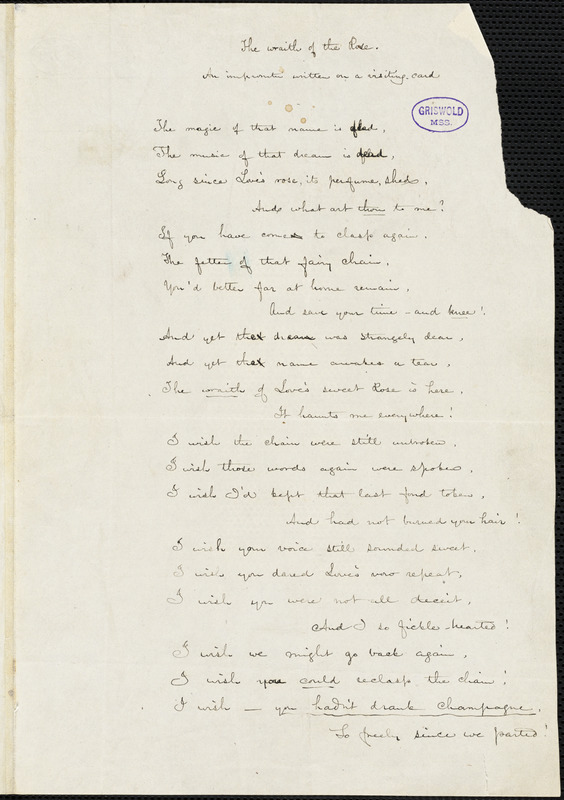 Frances Sargent (Locke) Osgood manuscript poem: "The wraith of the Rose."