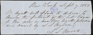 Samuel Stillman Osgood, New York, autograph note signed to Mr. Wyatt, 7 September 1850