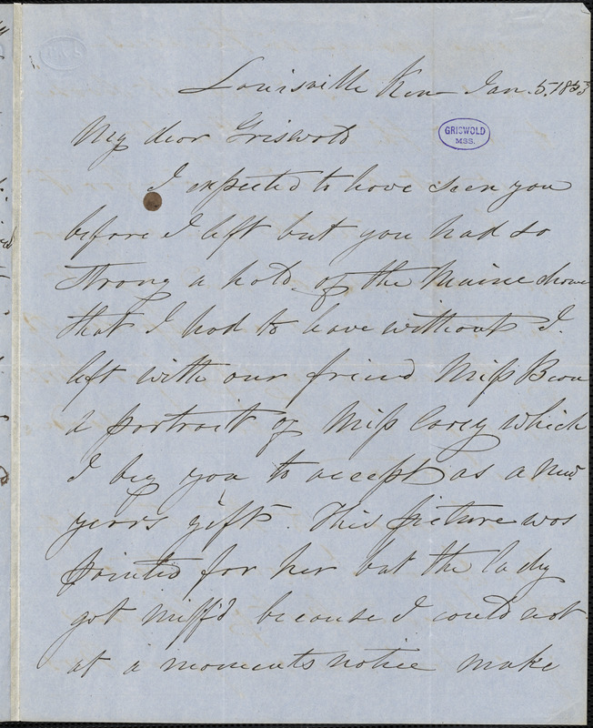 Samuel Stillman Osgood, Louisville, KY., autograph letter signed to R. W. Griswold, 5 January 1853
