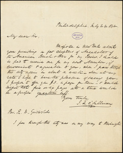 John Louis O'Sullivan, Philadelphia, PA., autograph letter signed to R. W. Griswold, 24 July 1842